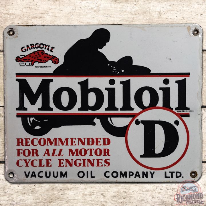 Mobiloil 'D' Vacuum Oil Company w/ Gargoyle & Motorcycle SSP Sign - 8