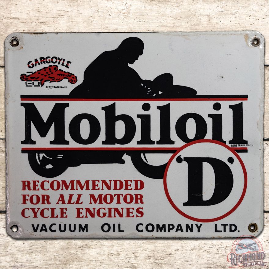 Mobiloil 'D' Vacuum Oil Company w/ Gargoyle & Motorcycle SSP Sign - 8
