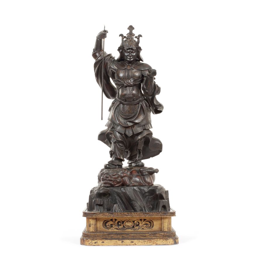 A Meiji period carved and lacquer figure of Bishamon Ten