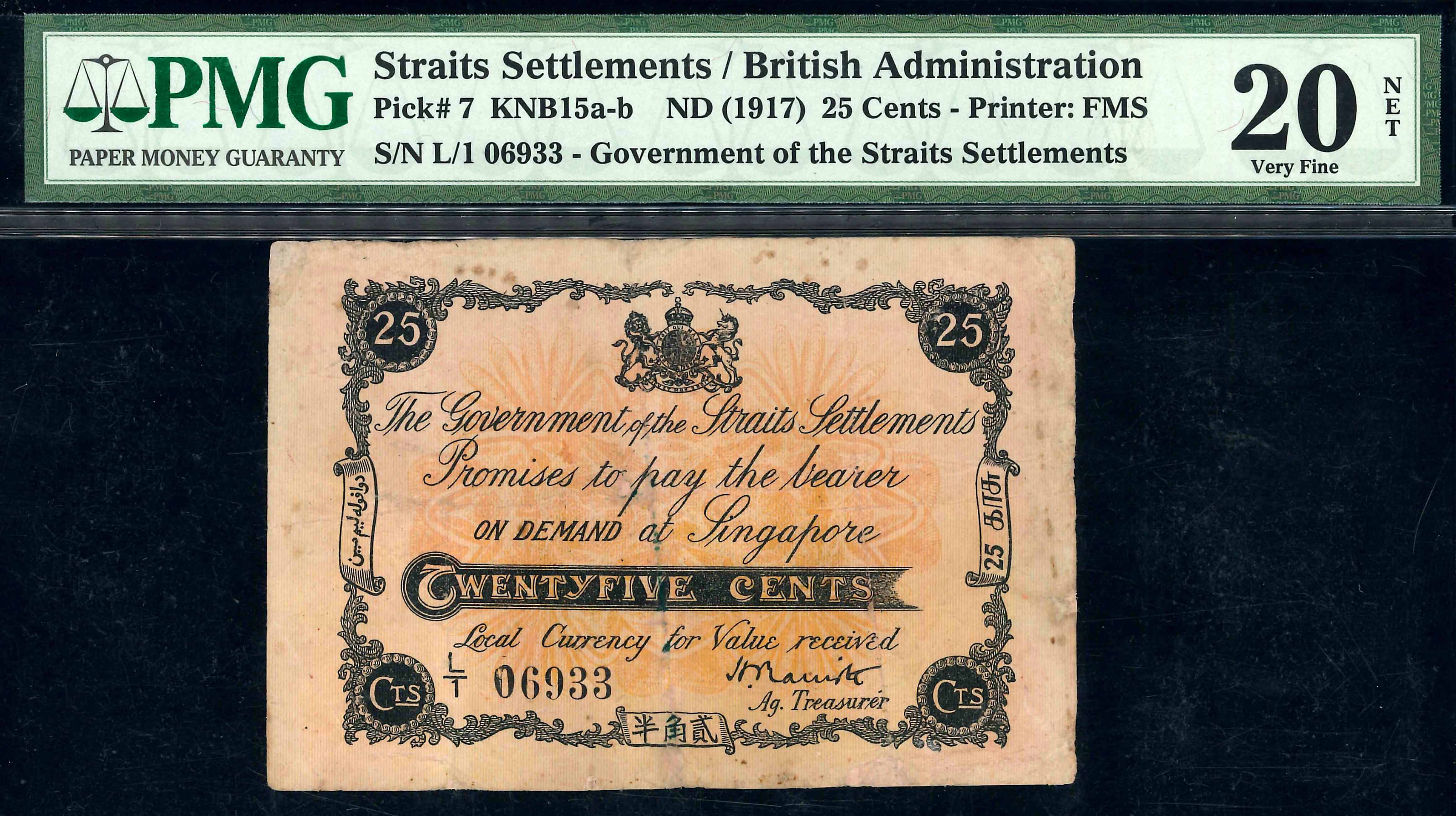 Straits Settlements, 1917, 25 Cents, P-7, S/N. L/1 06933, PMG 