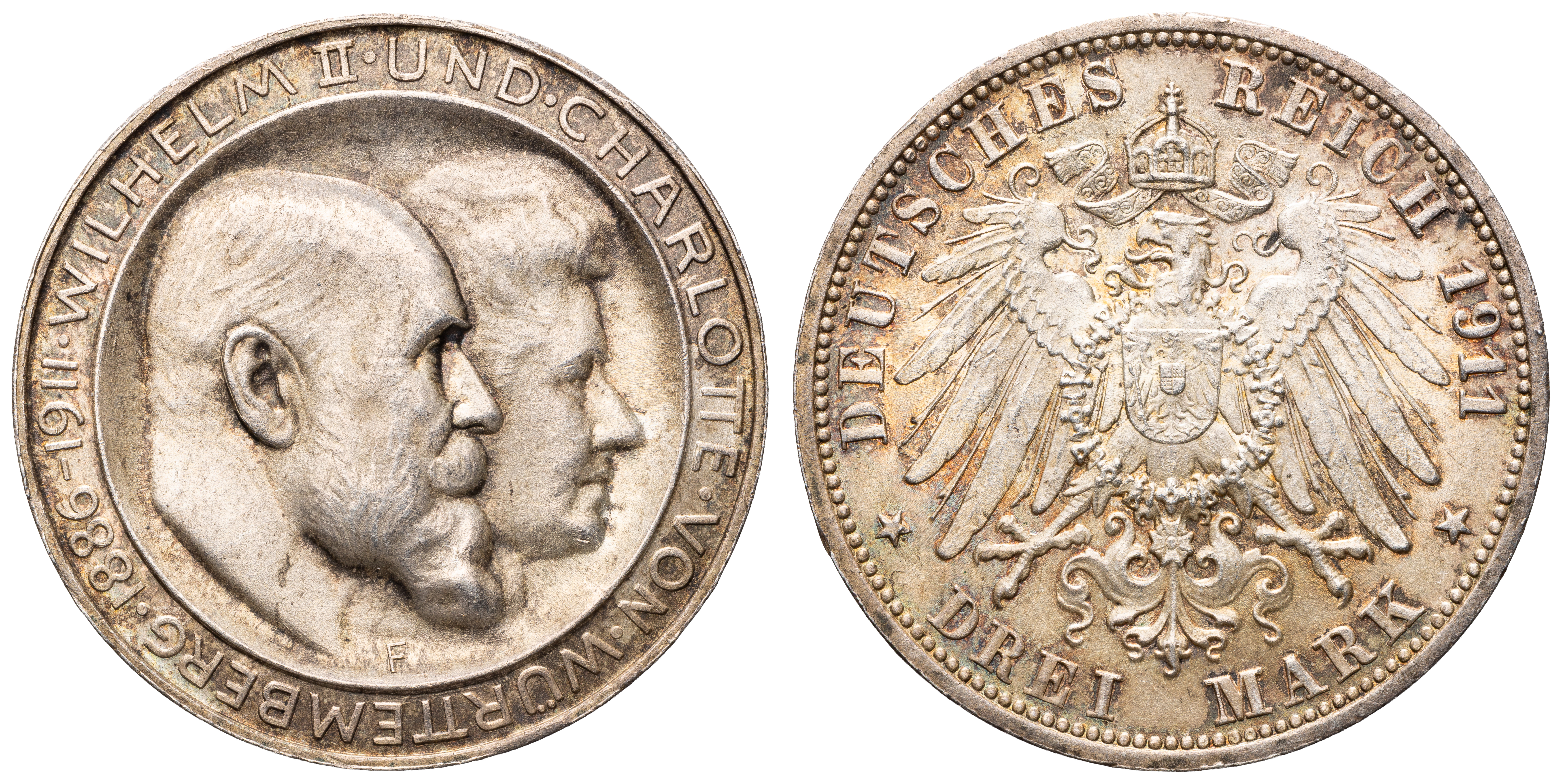 Germany, Wurttemberg, Wilhelm II and Charlotte Von Wurttemberg, Two Mark, 1911, ChUnc