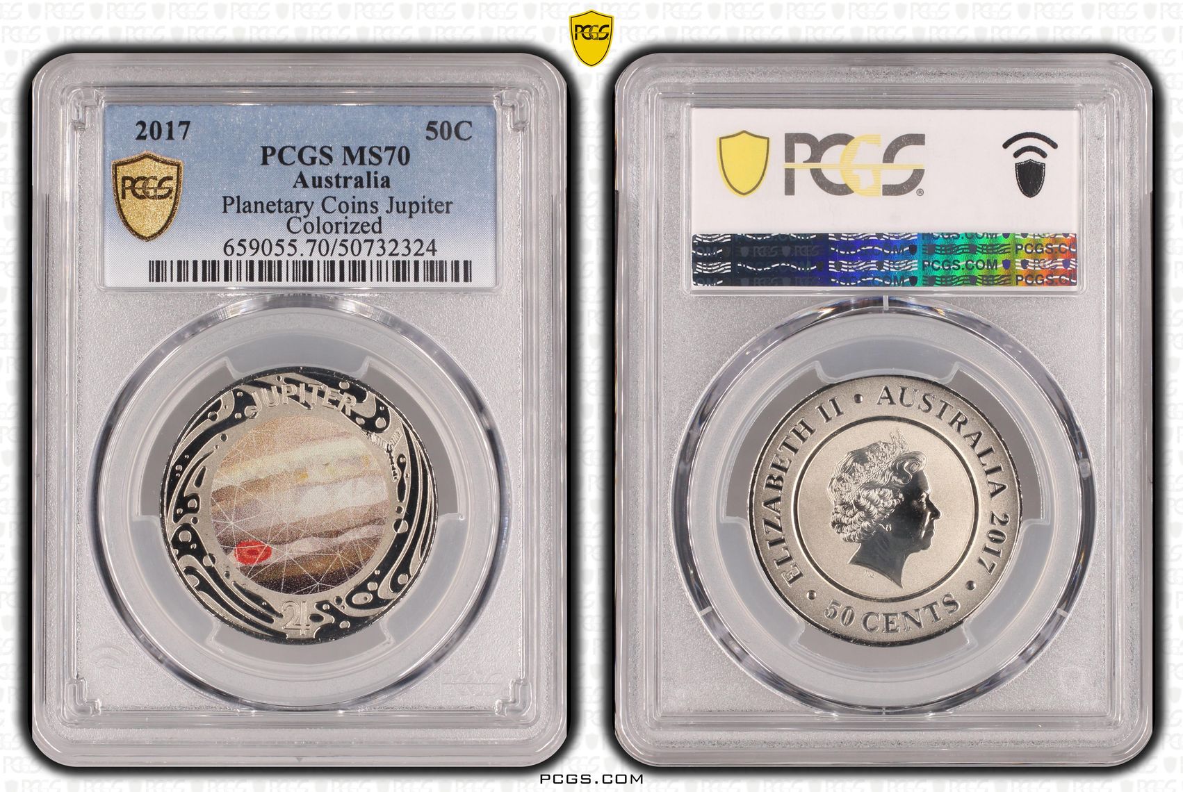 134 · Planetary Coins Jupiter Colorized, Fifty Cent, 2017, PCGS MS70