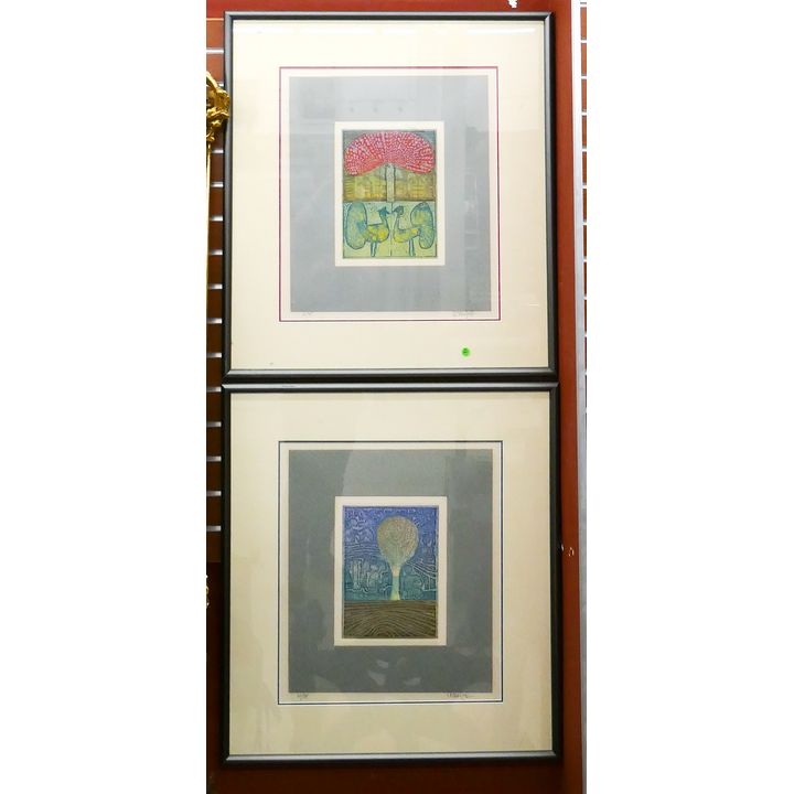2pc Arun Bose (b.1934 Bangladesh) Modernist S/N Colored Etchings Framed