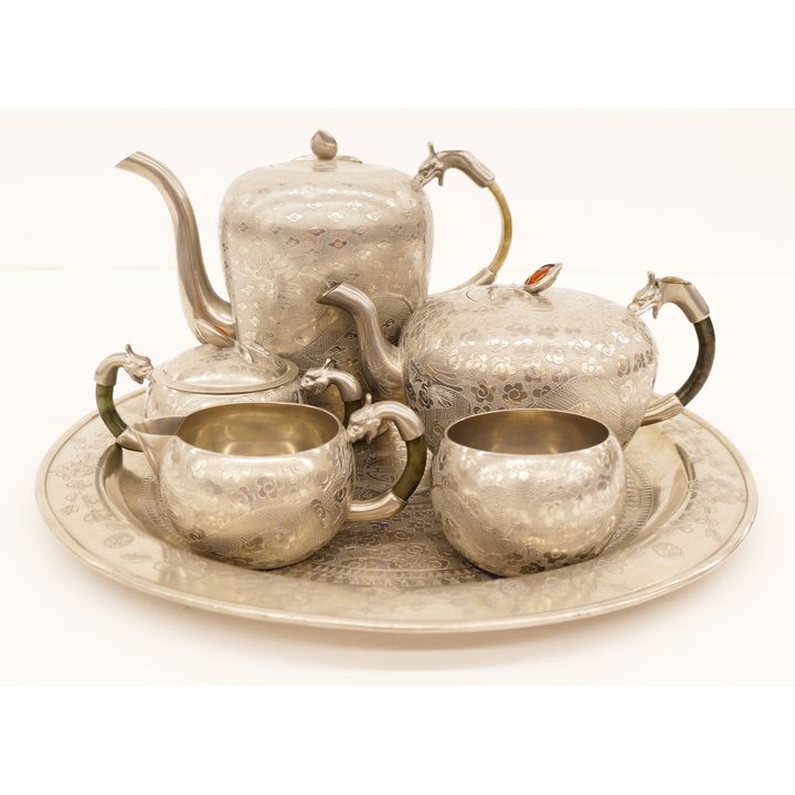 6pc Old Chinese Pewter Dragon Teaset