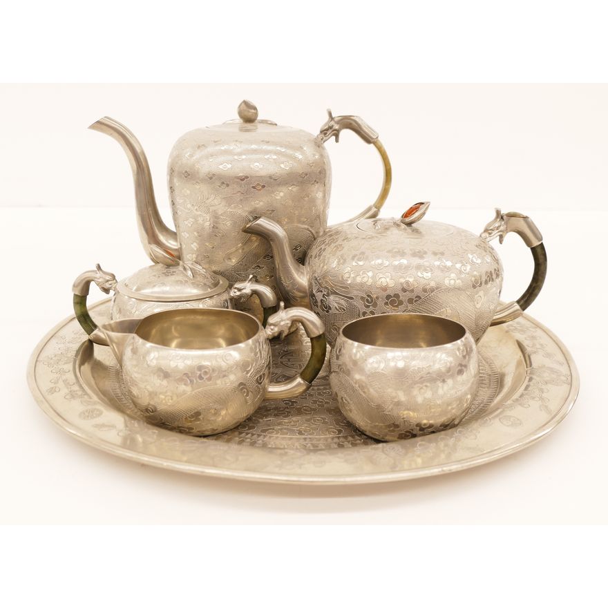 6pc Old Chinese Pewter Dragon Teaset