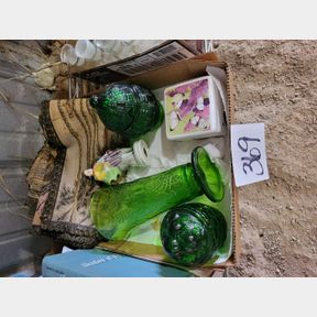 Vintage green vase, containers, and porcelain items