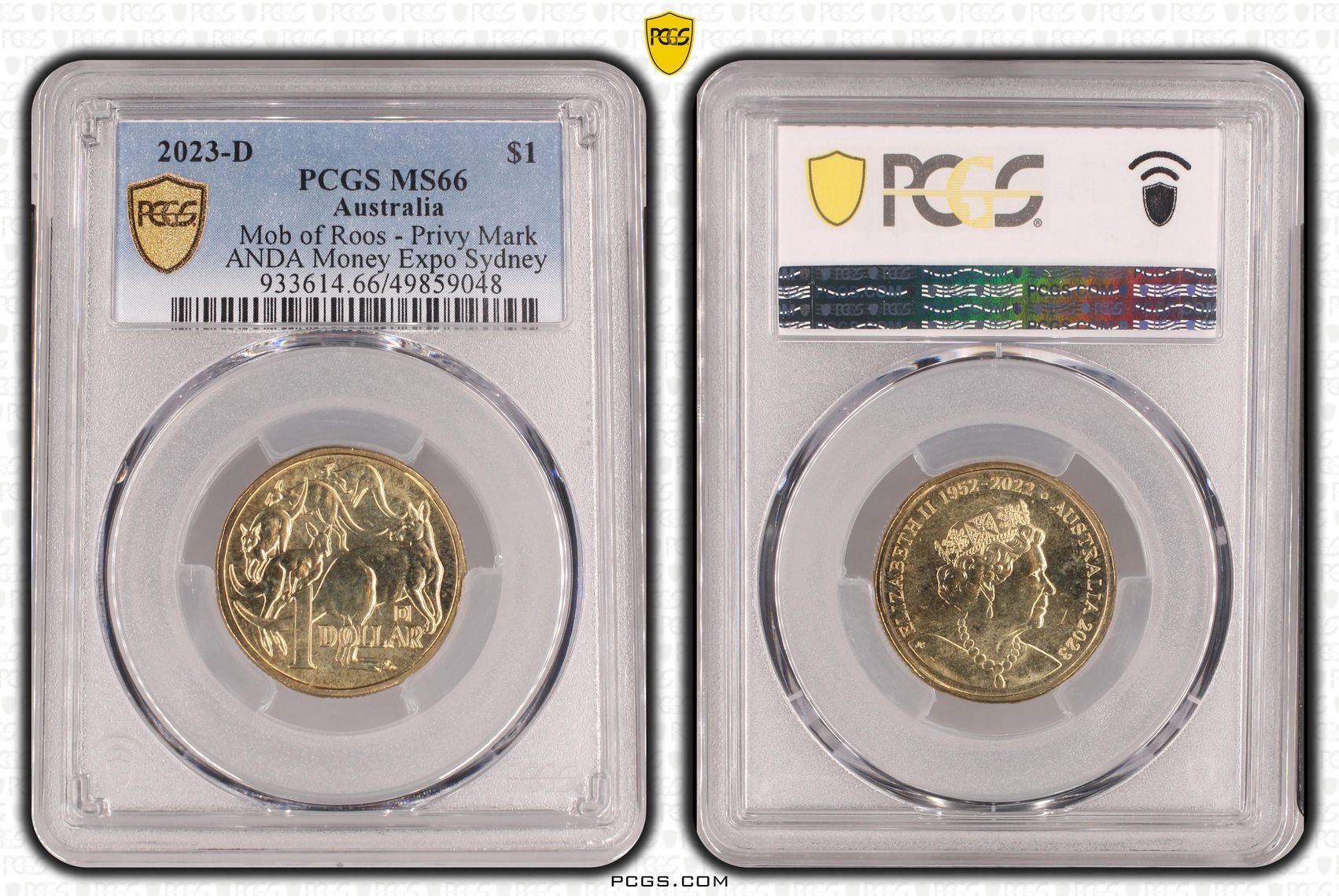 306 · Elizabeth II, Mob of Roos - Privy Mark - ANDA Money Expo Sydney , One Dollar, 2023-D, PCGS MS66