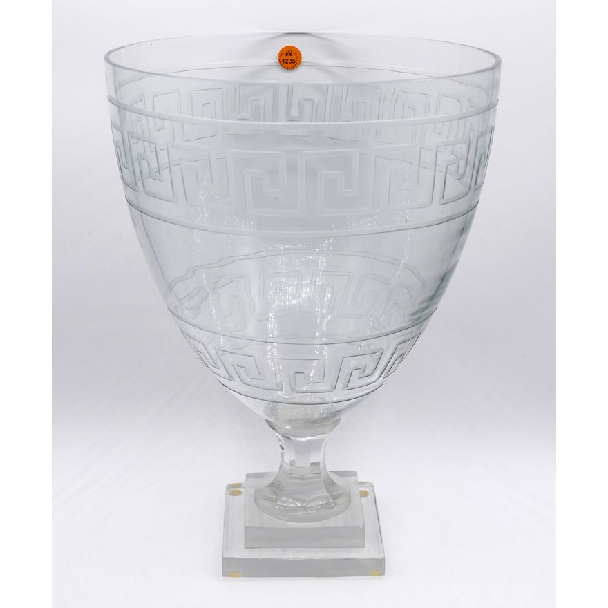 Antique Greek Key Etched Glass Large Compote 15''