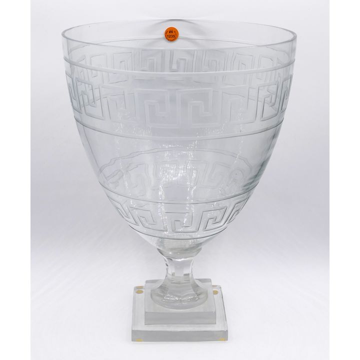 Antique Greek Key Etched Glass Large Compote 15''