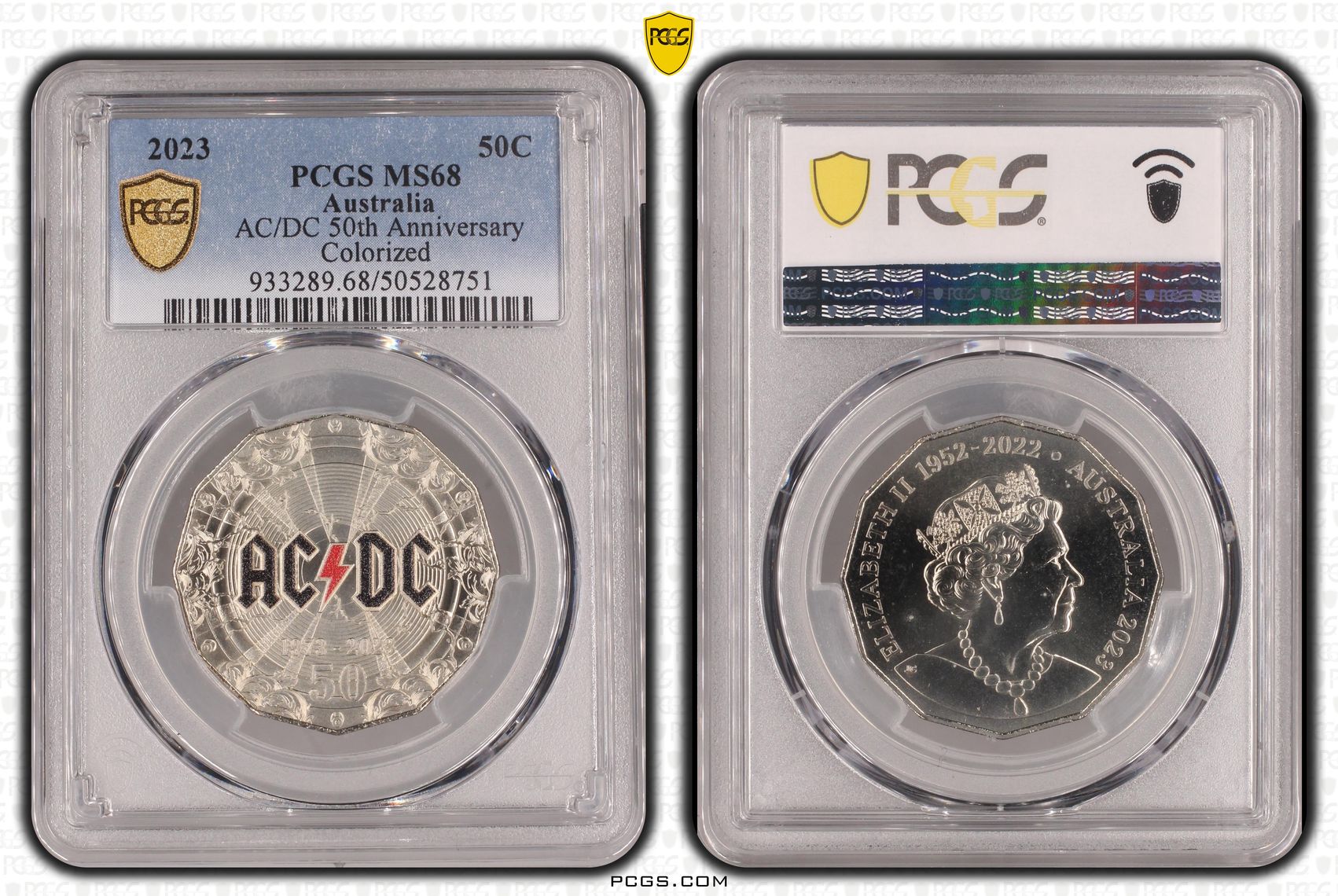 AC/DC 50th Anniversary Colorized , Fifty Cent, 2023, PCGS MS68