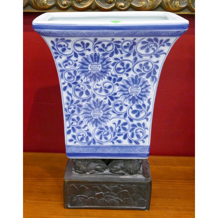 Chinese Style Bronze Base B&W Vase 15''
