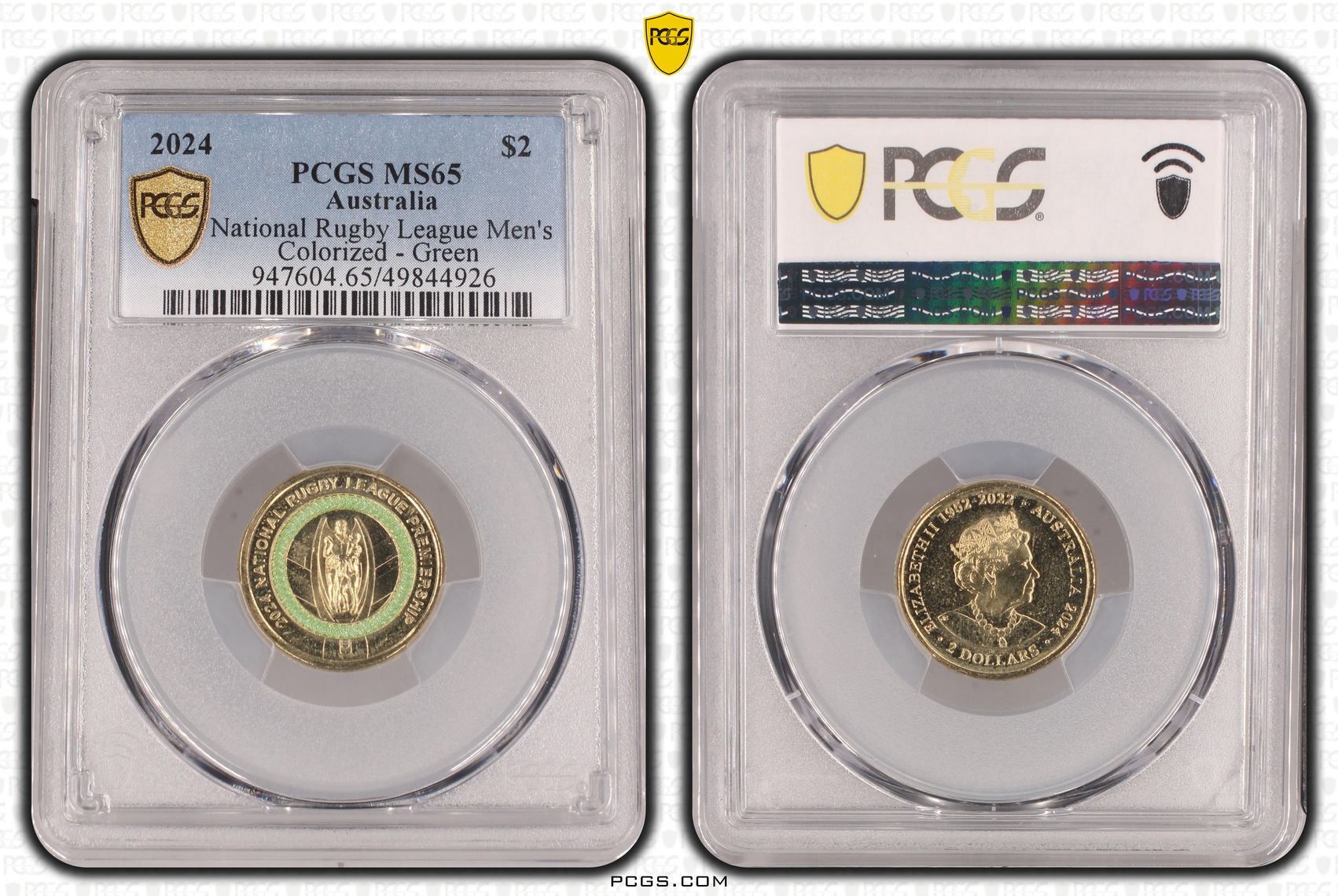 National Rugby League Men's Colorized - Green, Two Dollar, 2024, PCGS MS65