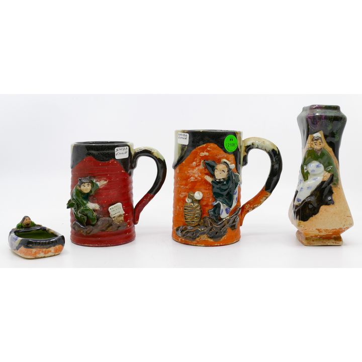 4pc Inoue Ryosai Japanese Sumida Gawa Mugs etc. 3'' to 6''