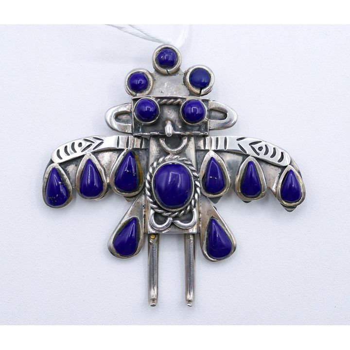 Mexican Sterling Lapis Eagle Dancer Pendant Brooch 2.5'' - 26 Grams