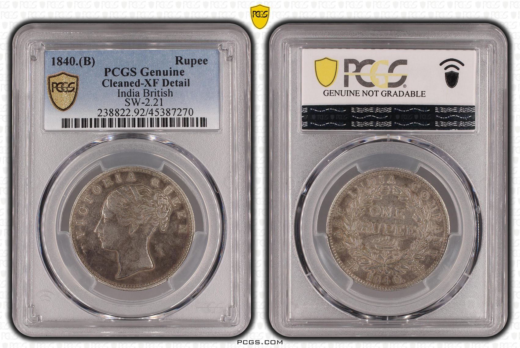 India British, SW-2.21, Rupee, 1840.(B), PCGS Genuine - XF Details (92 - Cleaned)