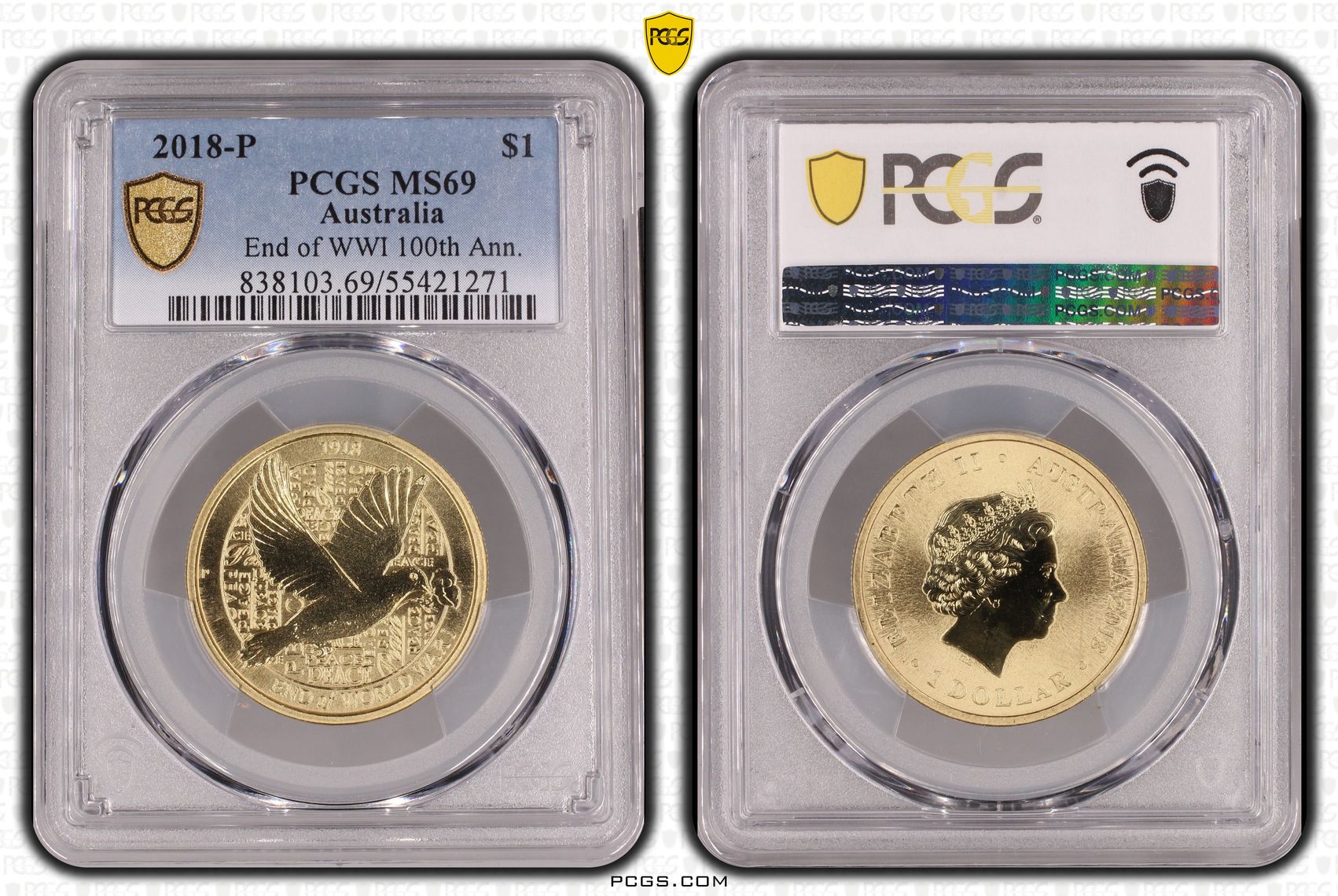 End of WWI 100th Ann., One Dollar, 2018-P, PCGS MS69