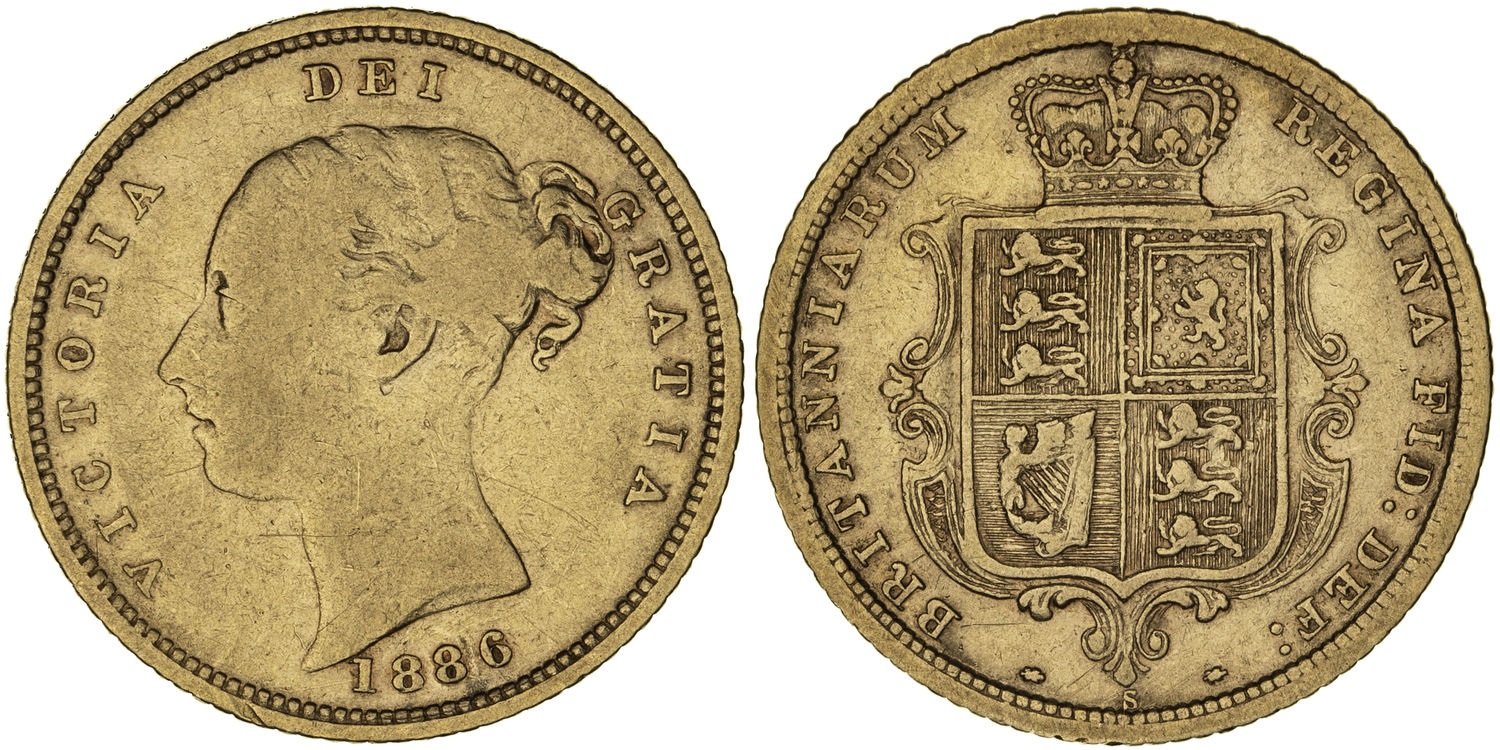Victoria, Shield Reverse, Half Sovereign, 1886-S, aVG