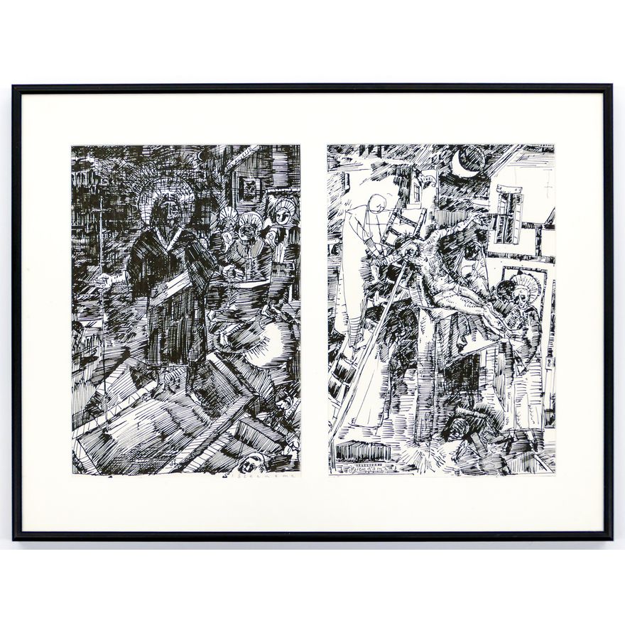 Jay Steensma ''Jesus'' Signed Ink Diptych Framed 16.25''x21.25''