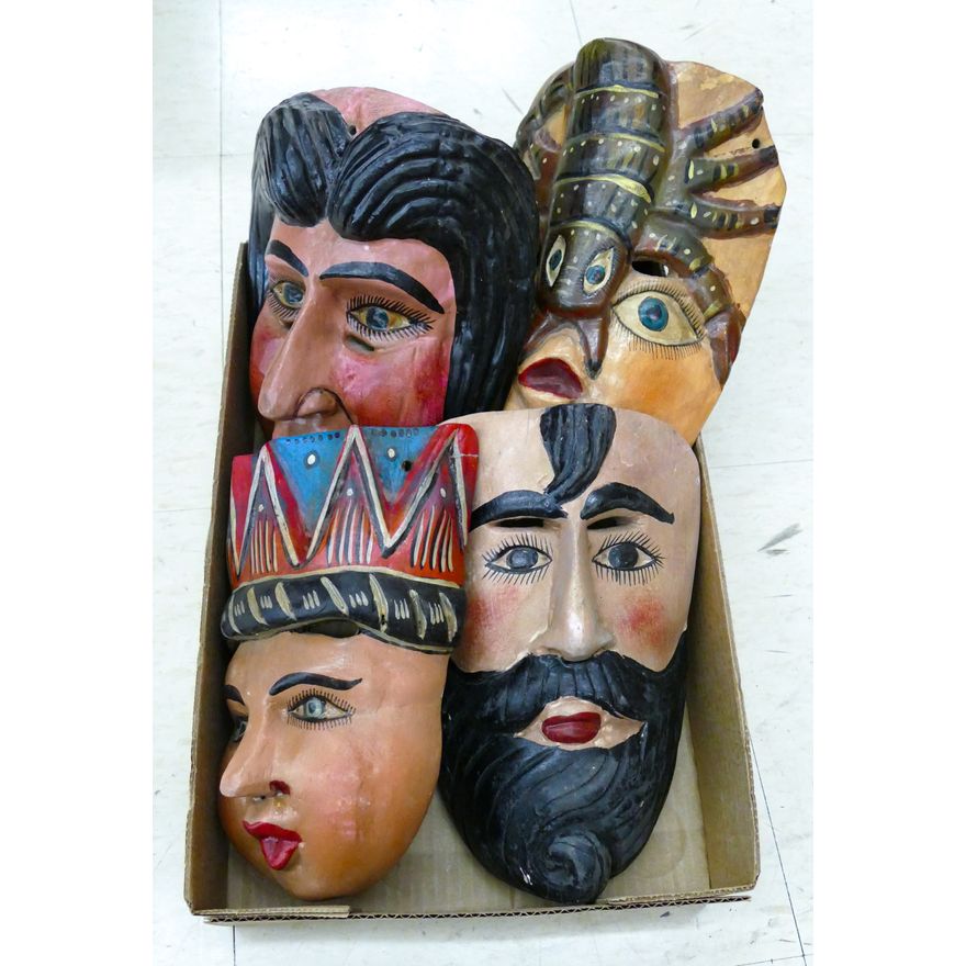 Box 4pc Mexican Painted Wood Portrait Masks etc.