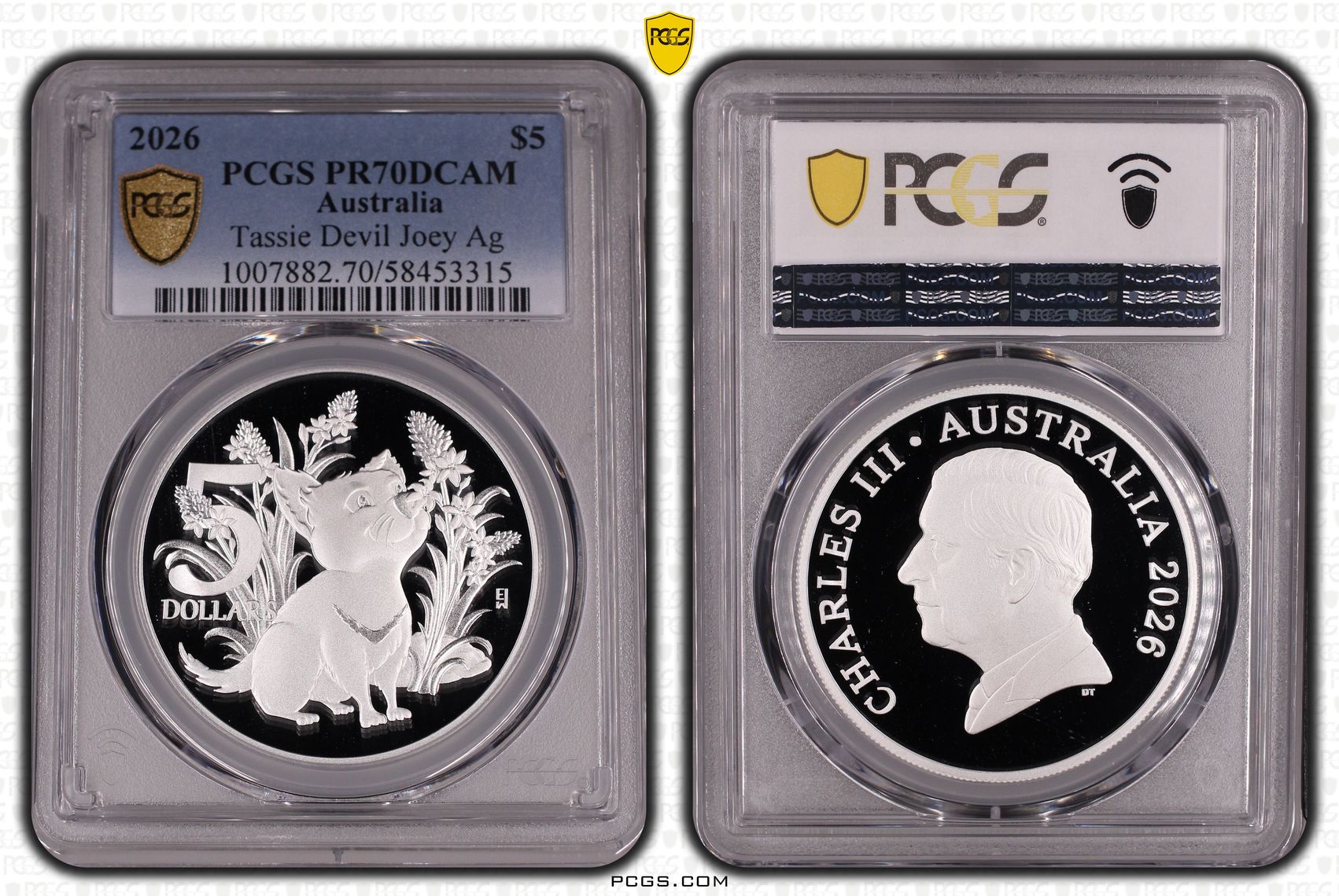 Tassie Devil Joey Silver, 1/0, Five Dollar, 2026, PCGS PR70DCAM