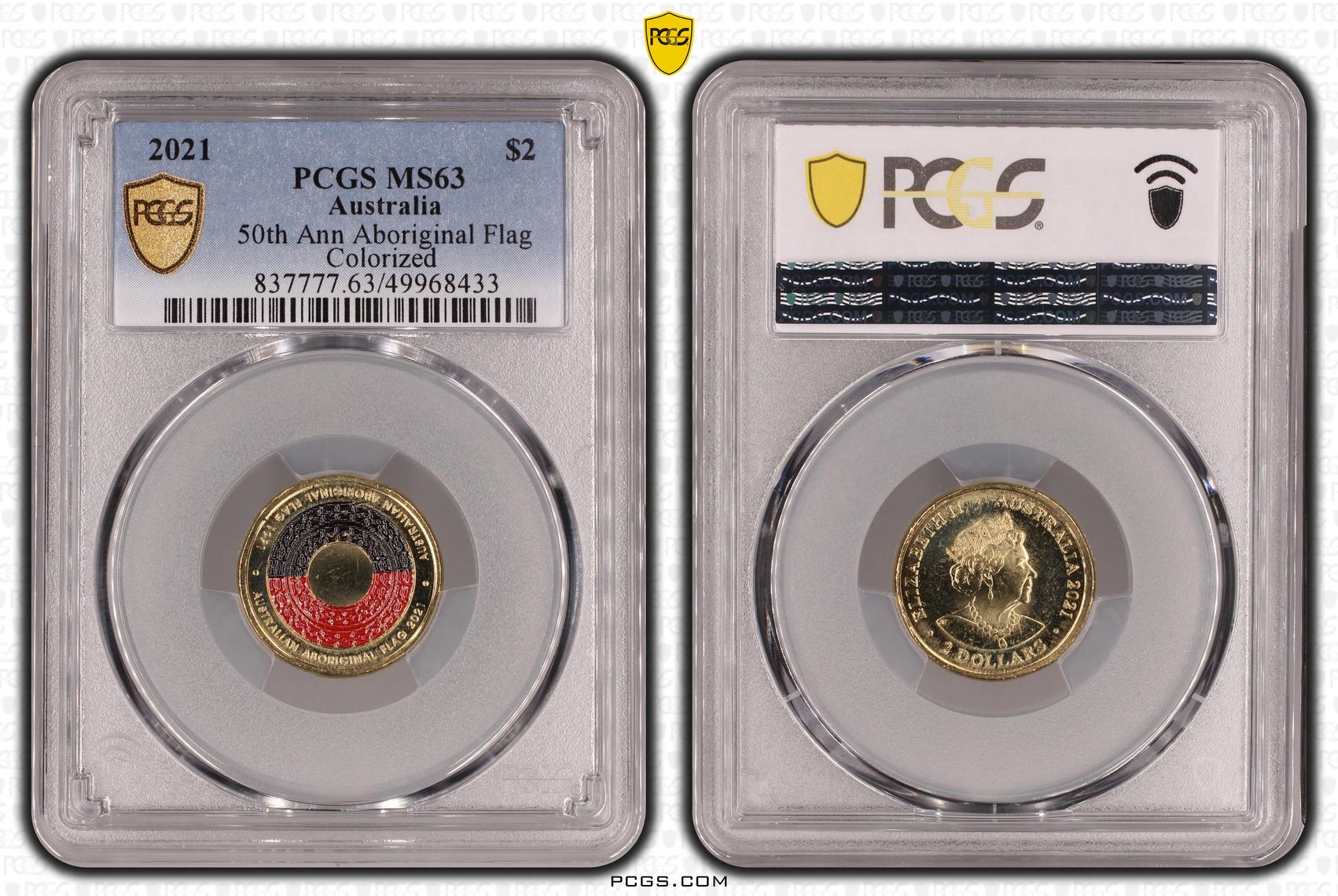 50th Ann Aboriginal Flag Colourised, Two Dollar, 2021, PCGS MS63