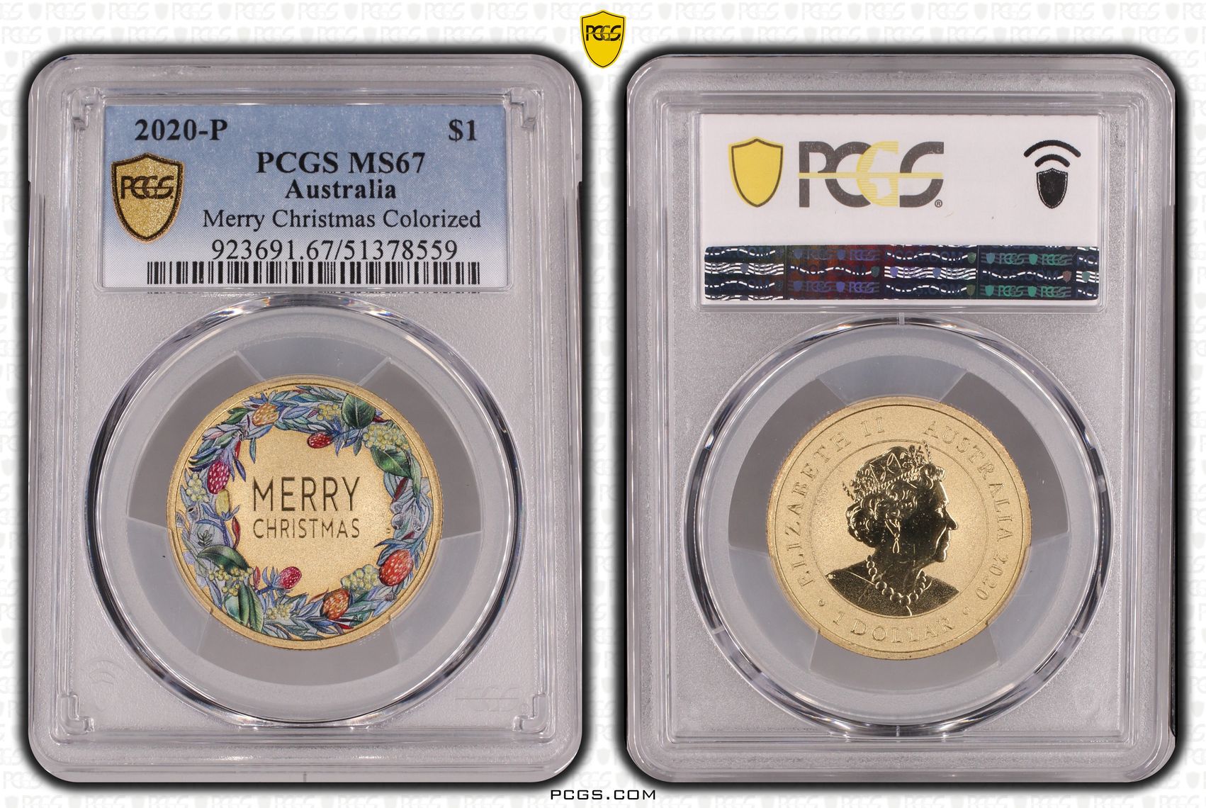 Merry Christmas Colorized, One Dollar, 2020-P, PCGS MS67