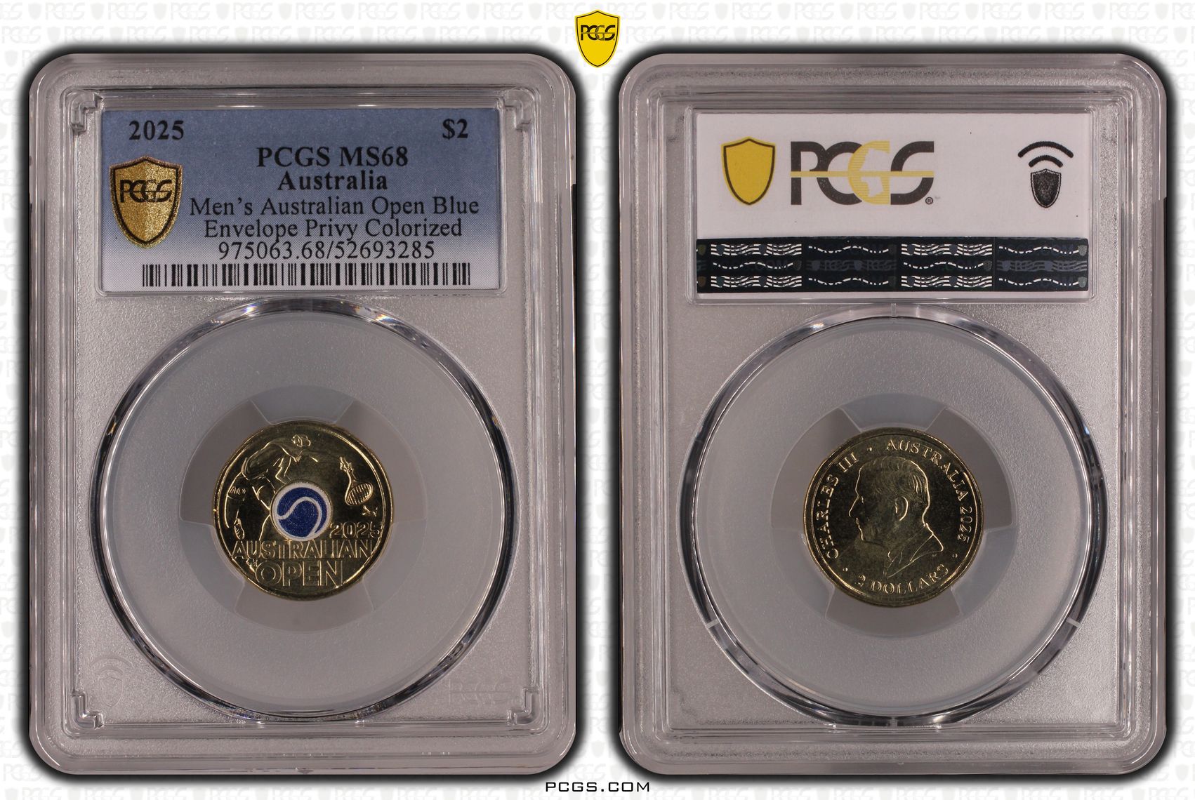 Men's Australian Open Blue Envelope Privy Colourised, Two Dollar, 2025, PCGS MS68