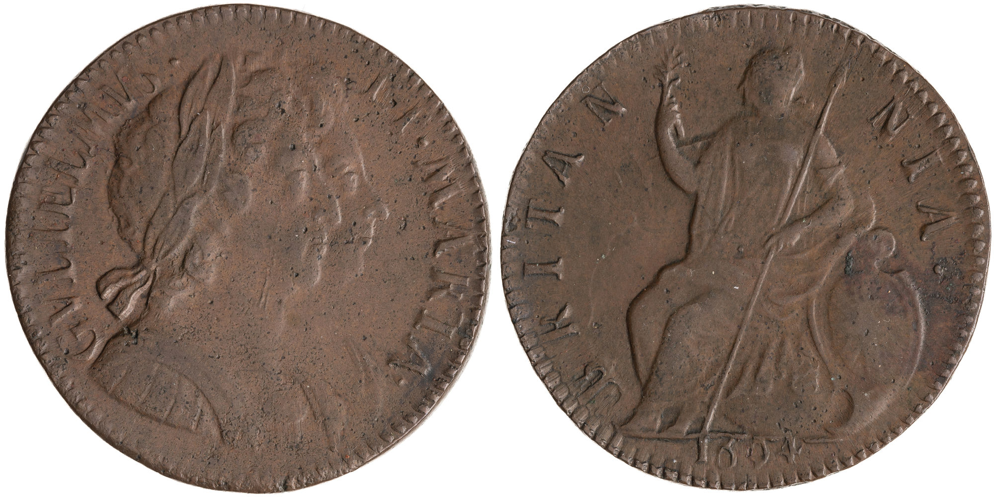 Great Britain, William & Mary, Conjoined Busts, Halfpenny, 1694, aFine
