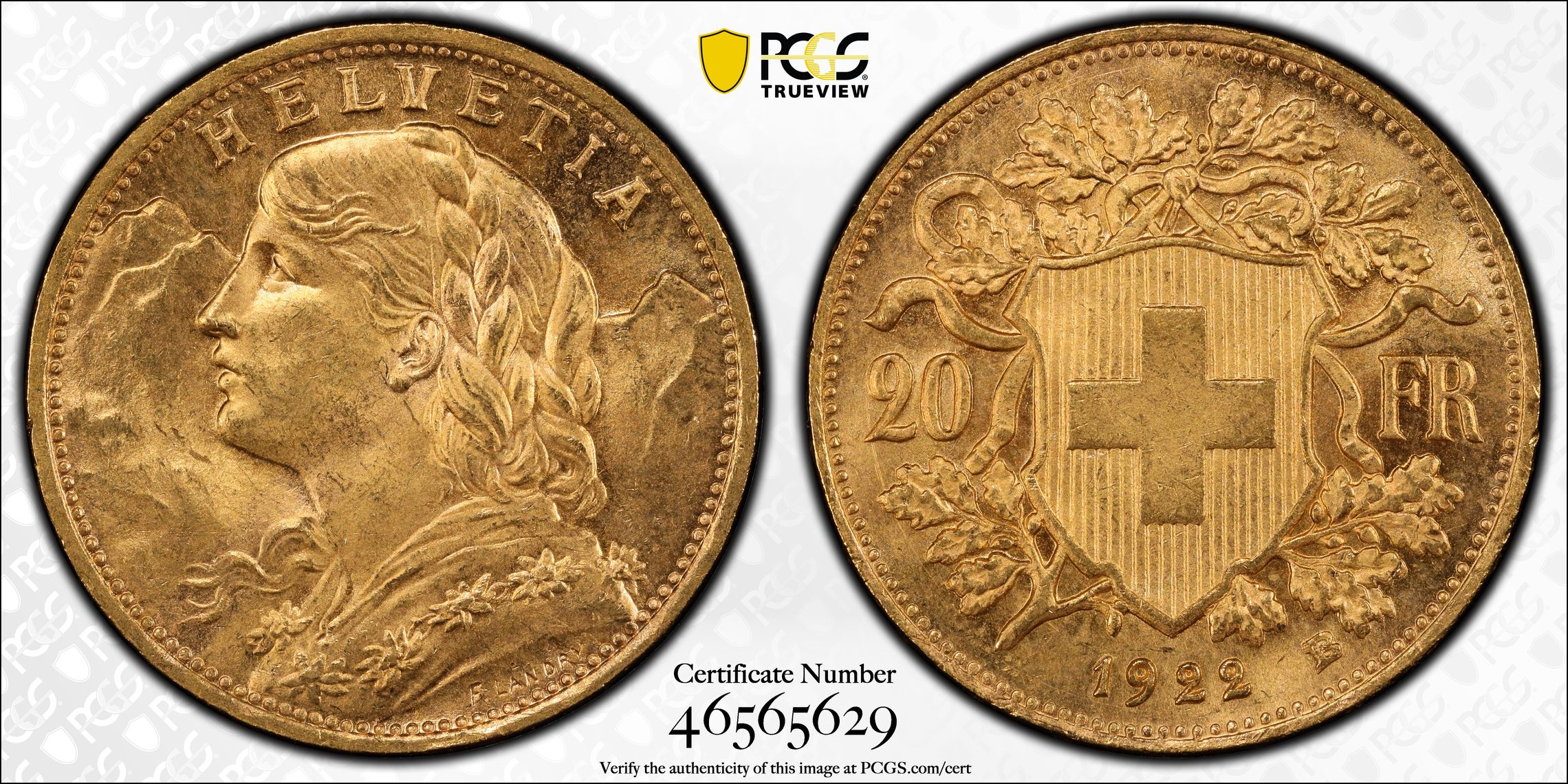 Switzerland, Twenty Francs, 1922-B, PCGS MS65