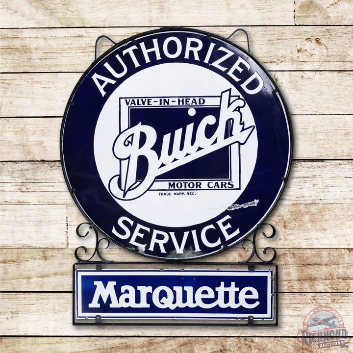 42" Buick Valve In Head Authorized Service Double Sided Porcelain Sign & Marquette Privilege Panel