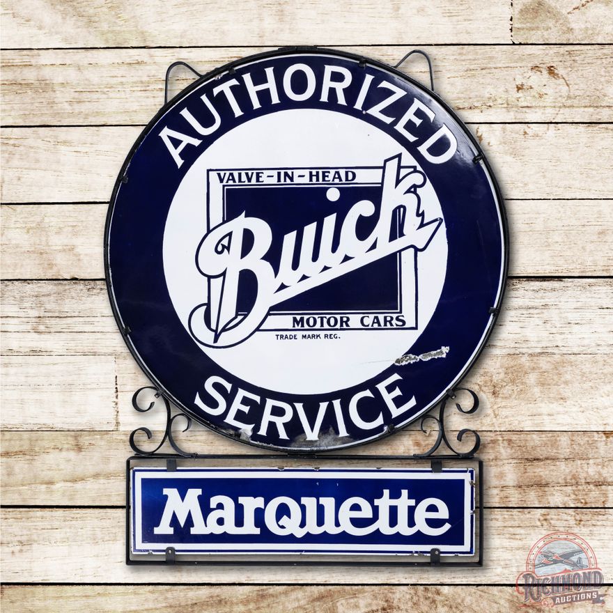 42" Buick Valve In Head Authorized Service Double Sided Porcelain Sign & Marquette Privilege Panel