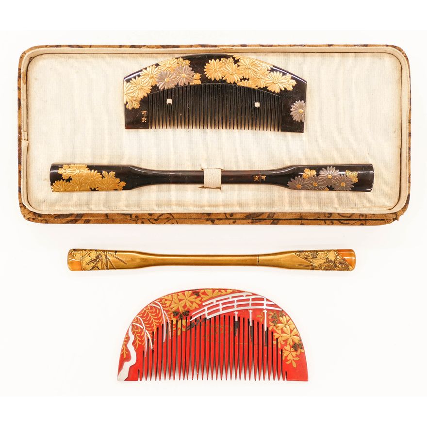 4pc Japanese Meiji Lacquered Kushi and Kougai Hair Ornaments