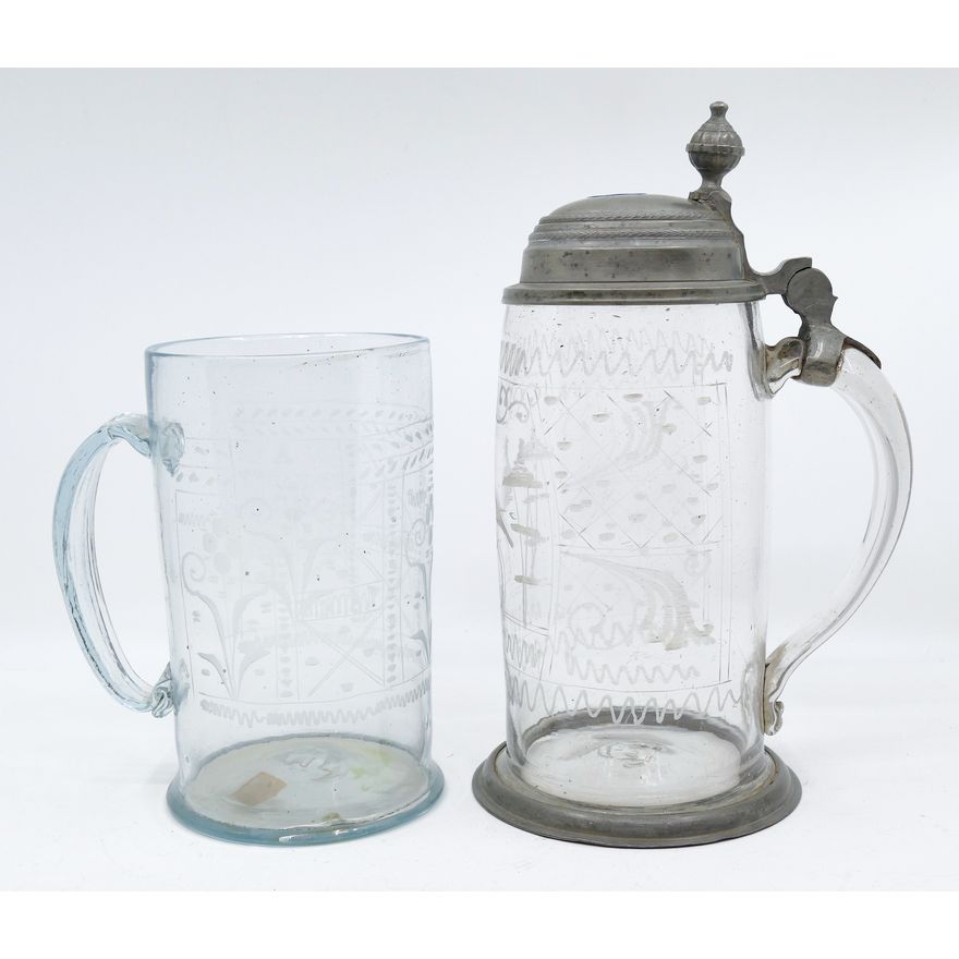 2pc Antique Stiegel Flip Glass Stein and Mug 6'' and 9''