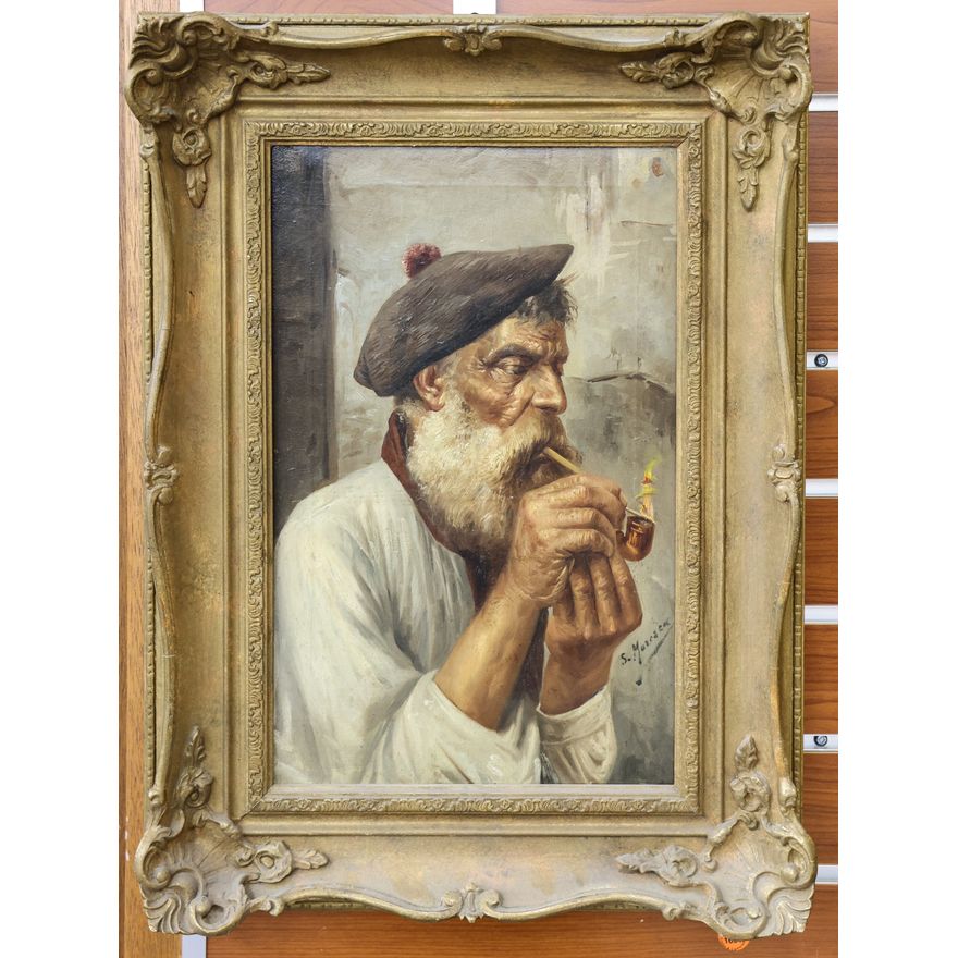 Italian S. Marcazal ''Man Smoking Pipe'' Oil Painting Gilt Framed