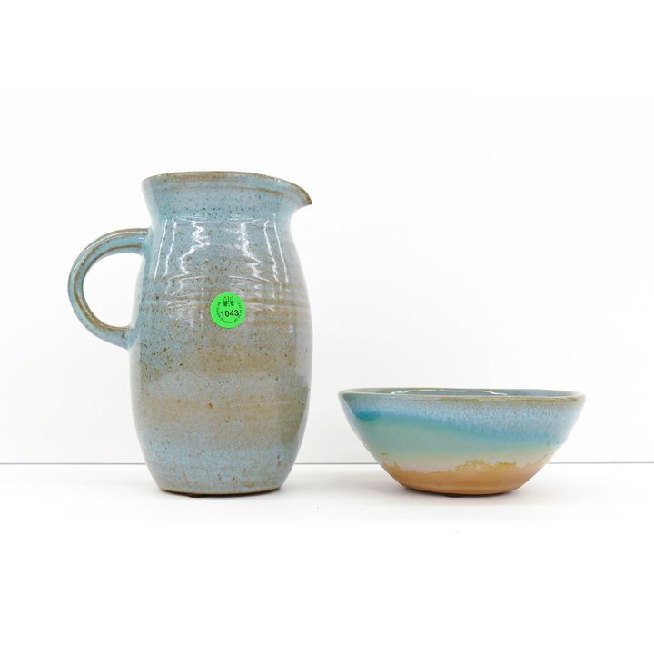 2pc Hal Reiger Blue Studio Pottery Pitcher and Bowl 6'' to 7''