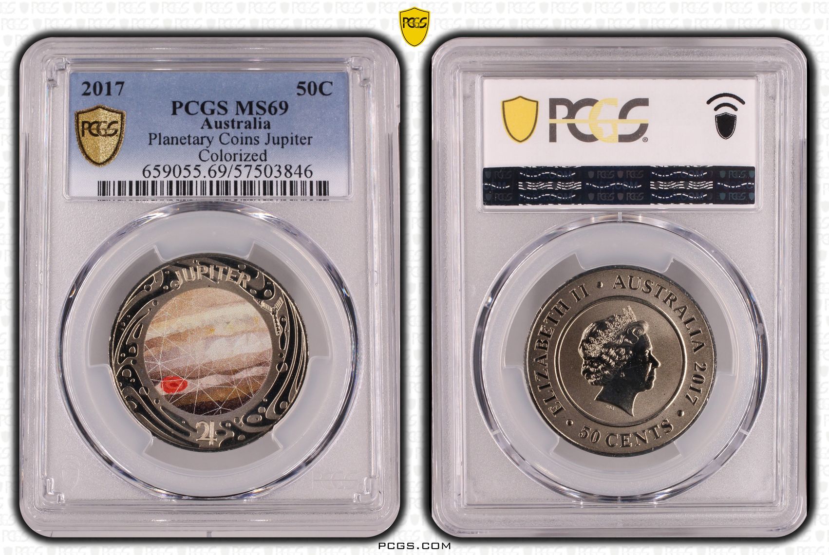 Planetary Coins Jupiter Colourised, Fifty Cent, 2017, PCGS MS69