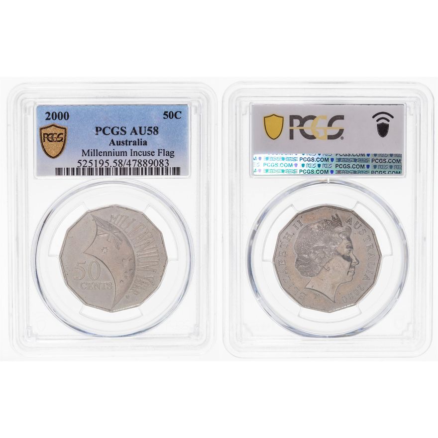 Elizabeth II, Millennium Incuse Flag, Fifty Cent, 2000, PCGS AU 58