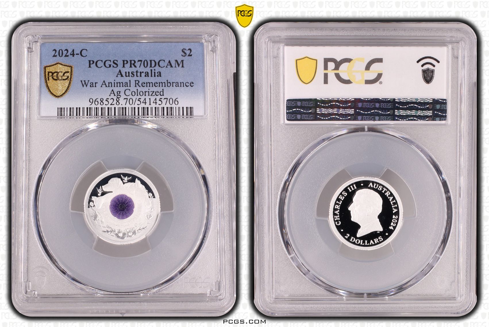 Charles III, War Animal Remembrance Silver Colorised, Two Dollars, 2024-C, PCGS PR70DCAM