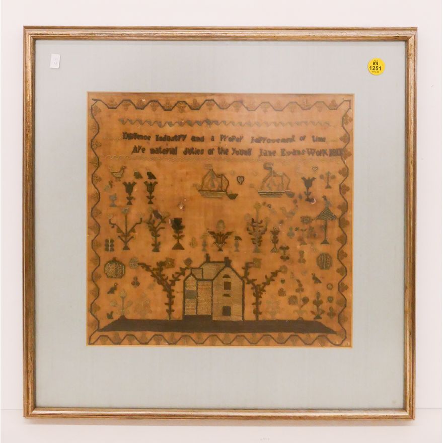 Dated 1810 Pictorial Needlework Sampler- Framed 18x18''
