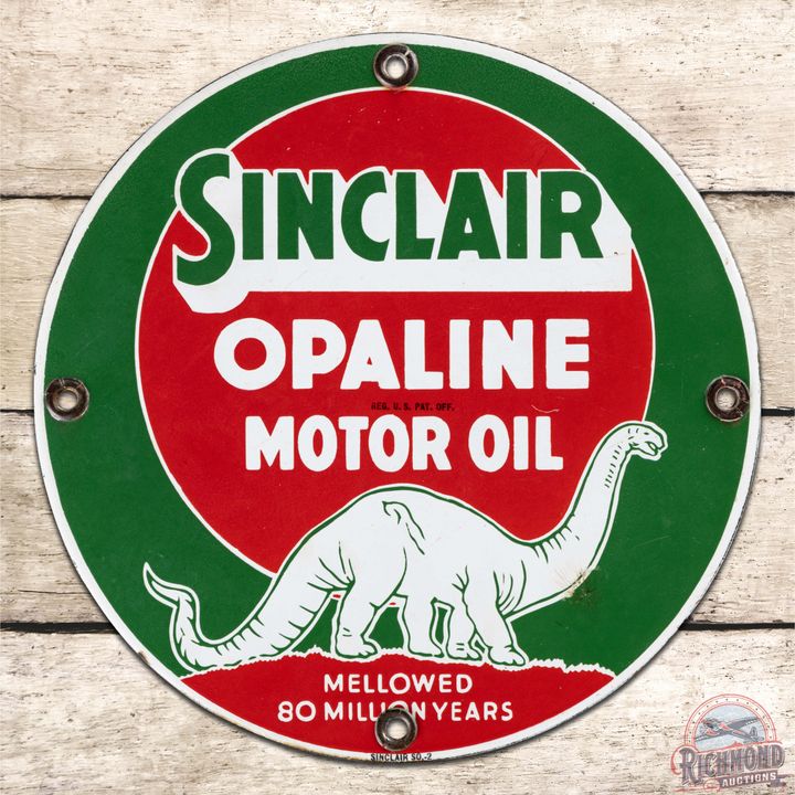 Sinclair Opaline Motor Oils "Mellowed 80 Million Years" 11" Single Sided Porcelain Sign w/ Dino