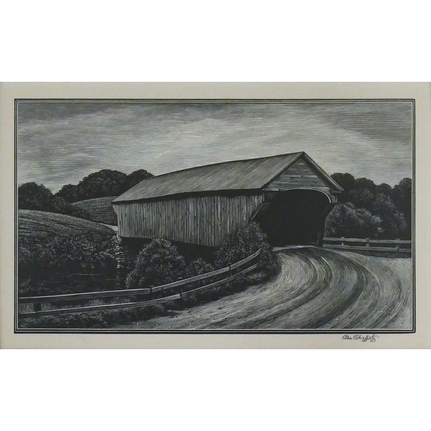 Asa Cheffetz ''Covered Bridge'' Signed Wood Engraving Matted 14''x18''