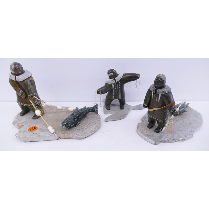 3pc Glenn Tingook Inuit Soapstone Sculptures- largest 9'' wide