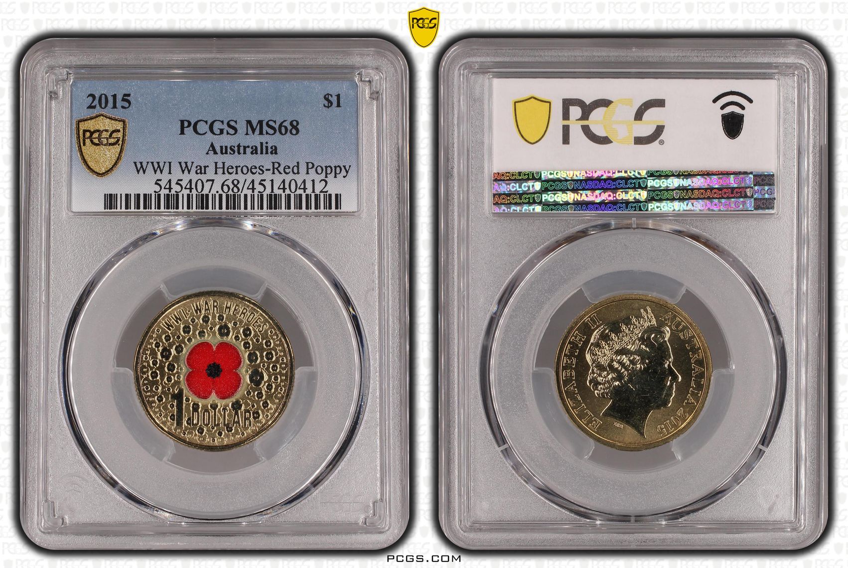 2015 Australia One Dollar, $1 WWI War Heroes-Red Poppy PCGS - MS68 -412