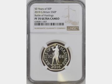 2019 ELIZABETH II 'BATTLE OF HASTINGS' SILVER 50 PENCE PF70 UCAM