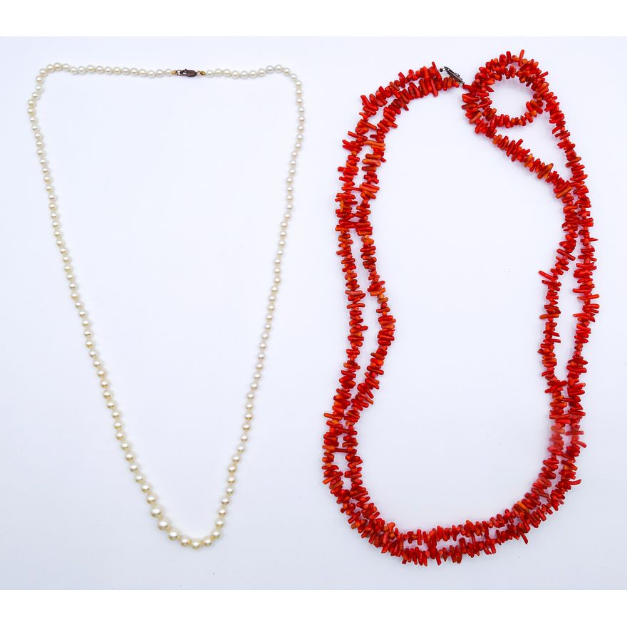 2 Boxes Old Real Pearl and Coral Necklaces
