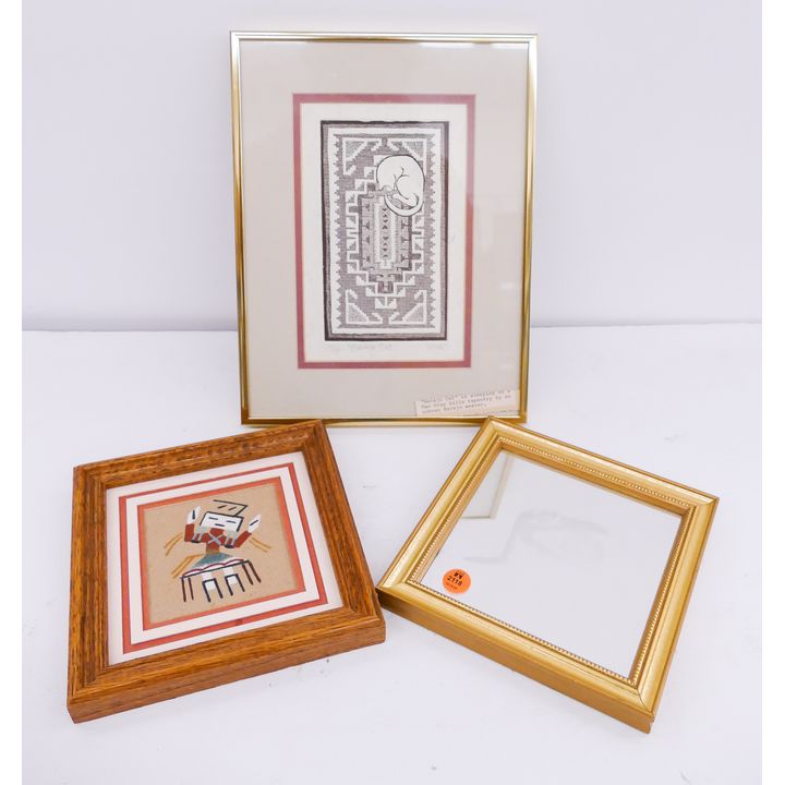 3pc Yazzie Sand Painting, Cat on Navajo Rug Etching, and Etched Mirror