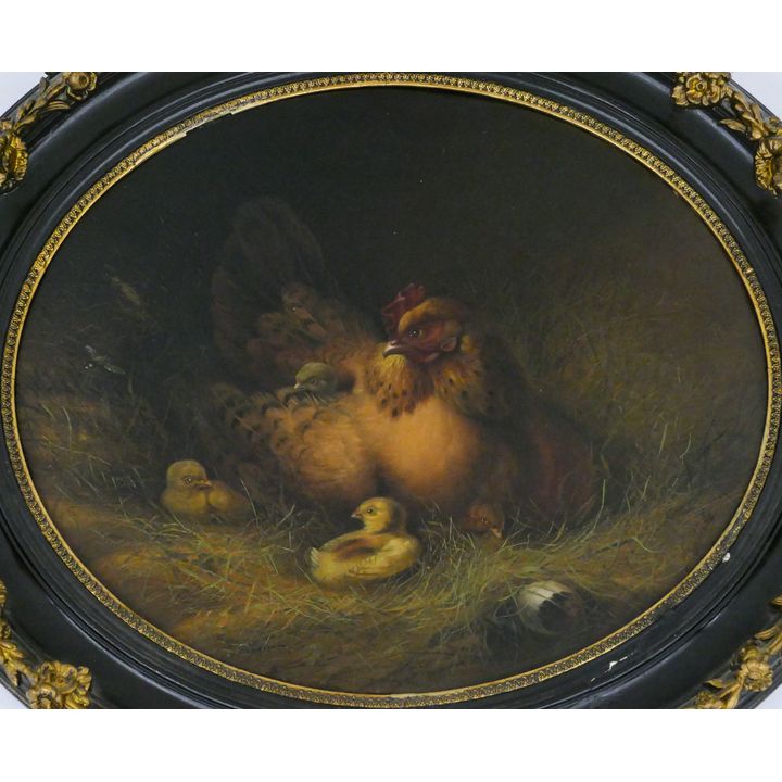 Antique European Rooster Hen with Chicks Oil