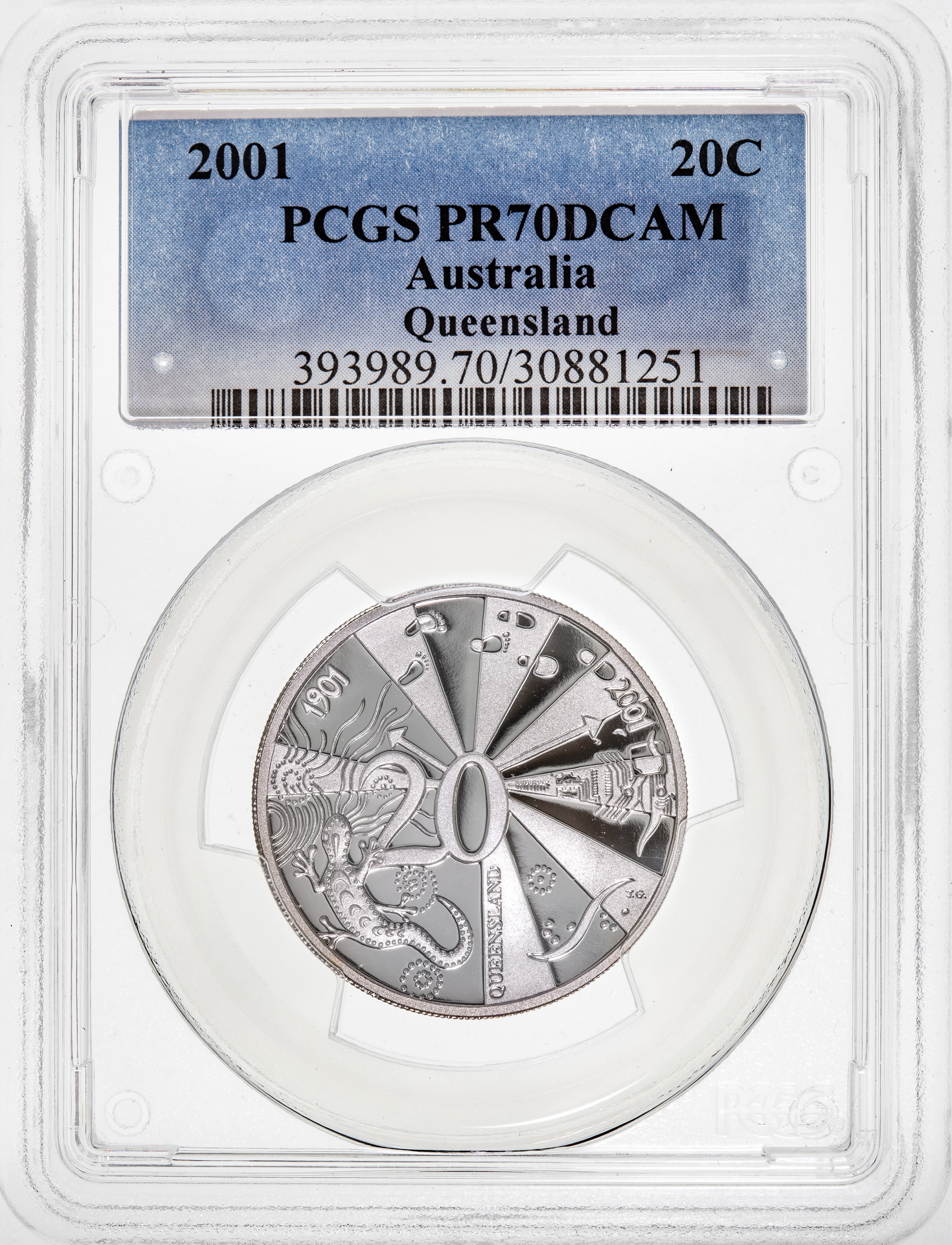 Queensland, Top pop, Twenty Cent, 2001, PCGS PR70DCAM