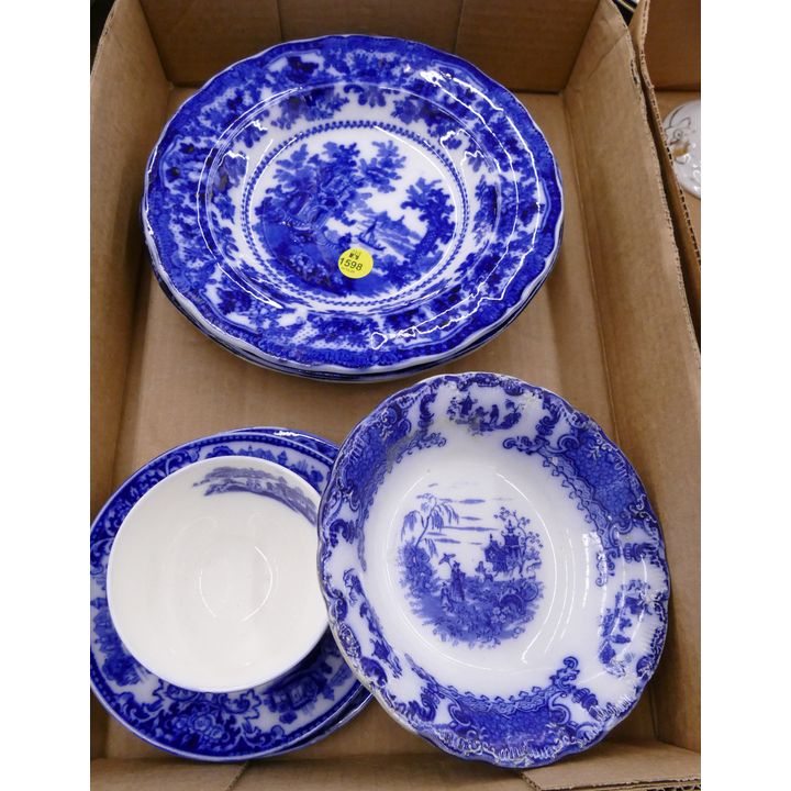 Box 7pc Flow Blue Pattern Plates Etc