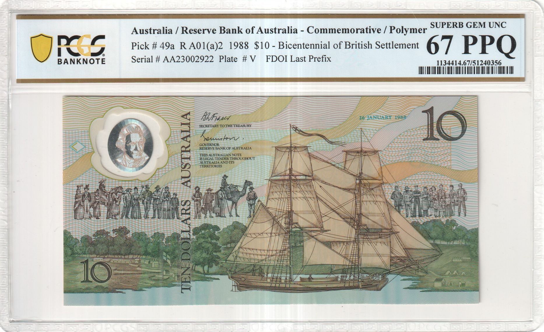 461 · Fraser/Johnston, FDOI Last Prefix, Ten Dollar, 1988, PCGS Superb Gem UNC 67 PPQ
